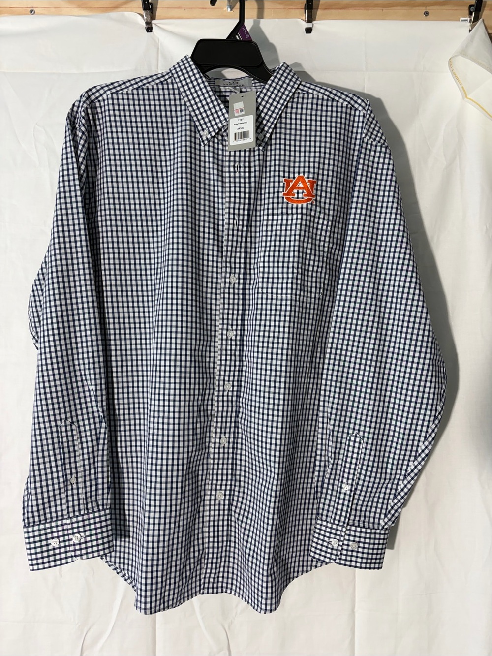 Men's Navy and White Gingham Button-Down Shirt with Auburn Logo